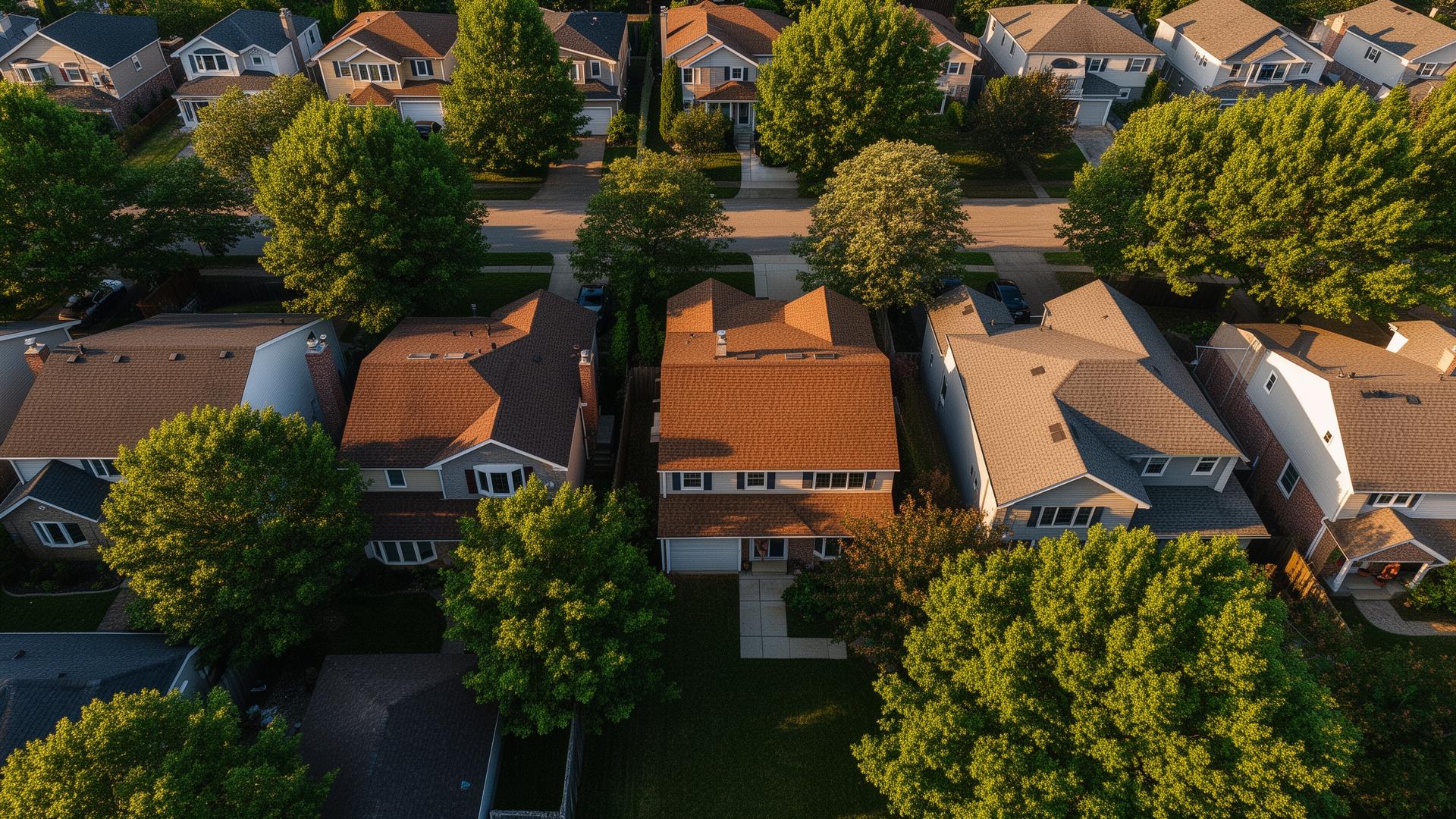 Aerial view of a residential neighborhood with shingled rooftops